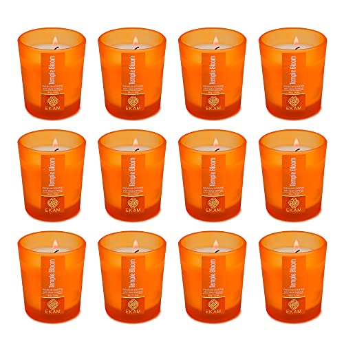 Image of EKAM Temple Bloom Votive Soy Wax Scented Candle, 40 Grams, 10 Hours Burn Time| Long Lasting Premium Candles | Ideal for Home Decor | Gifting & Aromatherapy (Pack of 12)