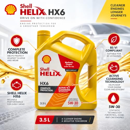 Image of Shell Helix HX6 5W-30 Synthetic Technology Motor Oil for Petrol & Diesel Cars (3.5L), Enhanced Engine Protection & Smooth Performance