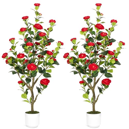 4FT Artificial Camellia Tree with Red Flowers, Faux Hydrangea Tree in Pot for Indoor & Outdoor...