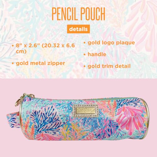 Image of Lilly Pulitzer Cute Zipper Pouch, Splashdance | Colorful Pencil Case with Zip Closure for Office Supplies, Small Slim Travel Bag with Carrying Loop Handle and Gold Details