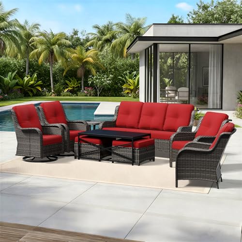 Image of Joyside 9 Piece Wicker Patio Furniture Set, Outdoor Swivel Rocker Patio Chairs with High Back, Deep Seating, Wide Armrest, Thickened Cushions, Outdoor Furniture for Deck, Porch Use