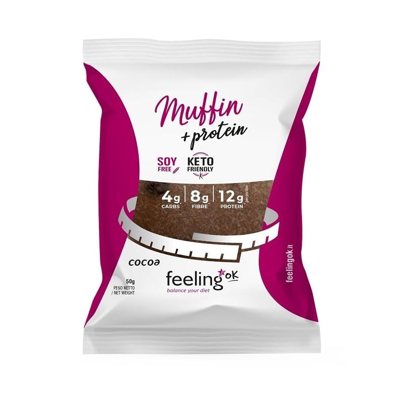 Feeling Ok MUFFIN AL CACAO - Soffici muffin per una colazione con pochi carboidrati e 12g proteine ad alto valore biologico (Box da 30 pezzi da 50 gr)