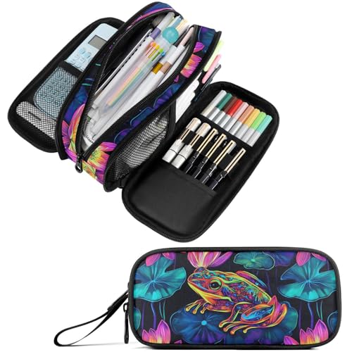 Image of Fustylead Neon Frog and Lily Pads on Black Background Pencil Pen Case with 3 Compartments, Lightweight & Spacious Stationery Bag Cosmetics Bag