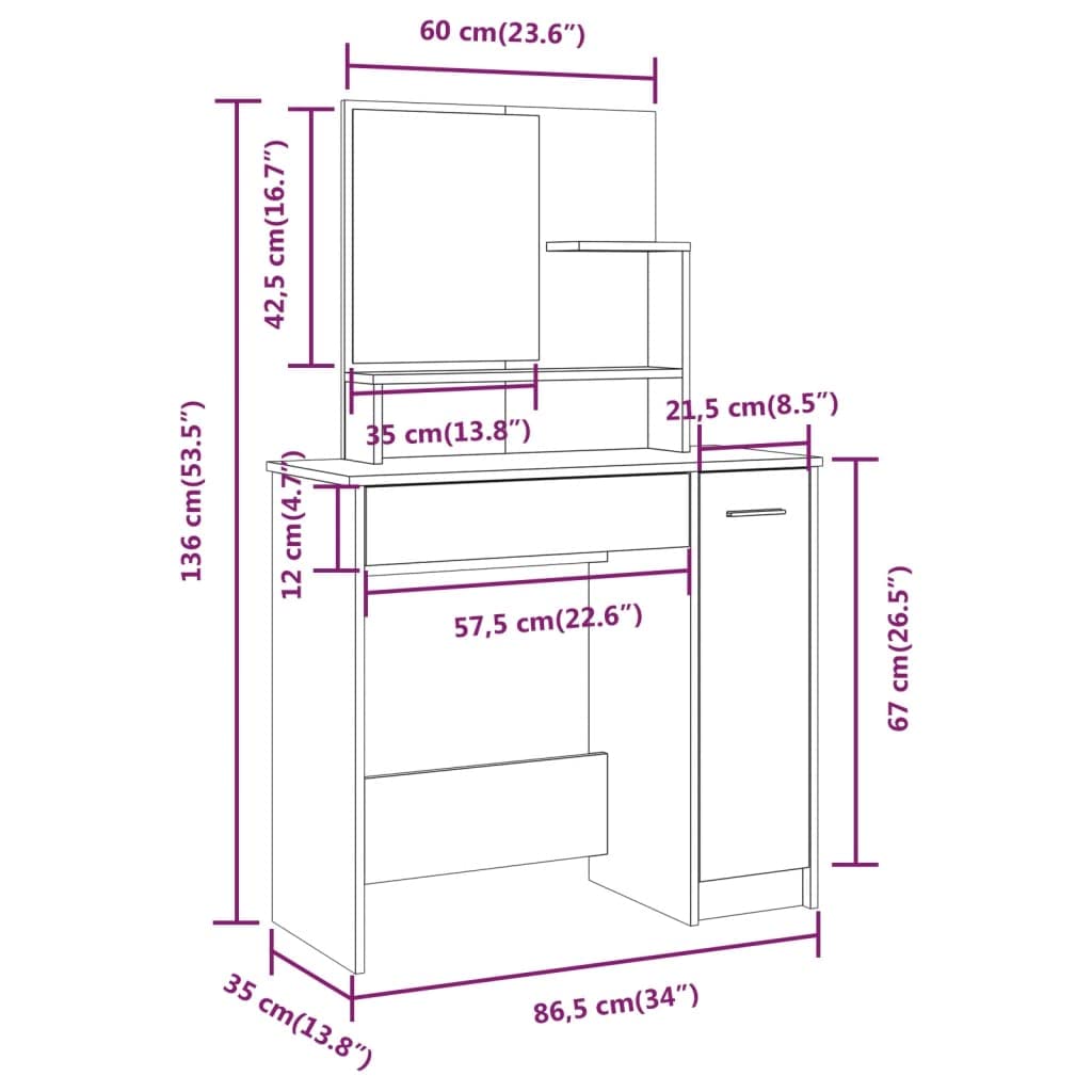 Toeletta trucco con specchio grigio Sonoma, tavolo vanità 86,5x35x136 cm in legno multistrato con cassetto, portaoggetti, consolle elegante per camera da letto e spogliatoio