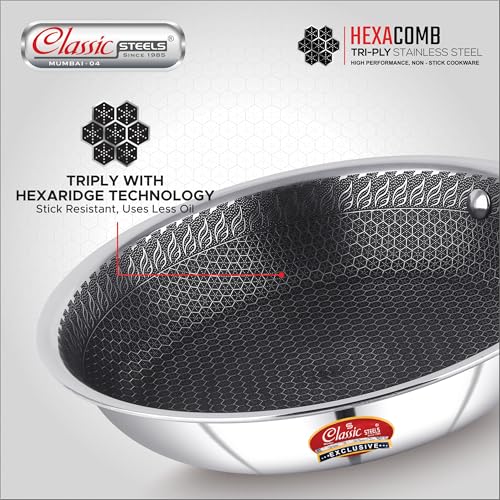 Image of Classic Steels Hexa Comb Triply Frypan Without Lid - 1 LTR (20cm) | Stainless Steel Non-Stick Fry Pan | Induction & Gas Compatible | 2.5mm Thickness | Durable Stay Cool Silicon Handle