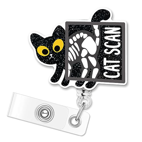 ERHACHAIJIA Cat Scan Retractable Black Glitter Badge Reel with Clip, Funny Black Cat ID Card Badge Holder Gift for Nurses Doctors X-Ray Orthopedics Nursing Student Medical MD Cat Lover Veterinary