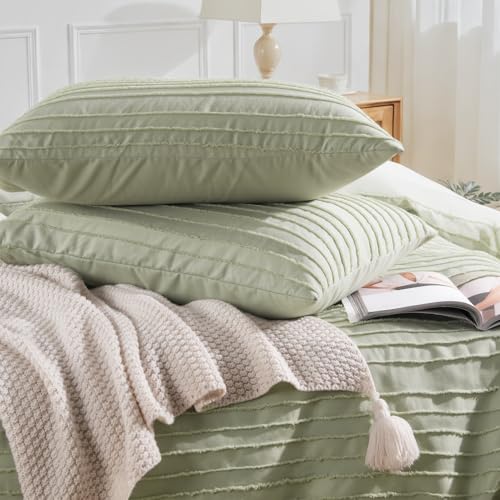 Image of NEXHOME PRO Duvet Cover,3 Pieces Boho Tufted Duvet Cover Set, Soft and Lightweight 100% Washed Microfiber Comforter Cover Set(Sage Green,104 x 98)-No Comforter