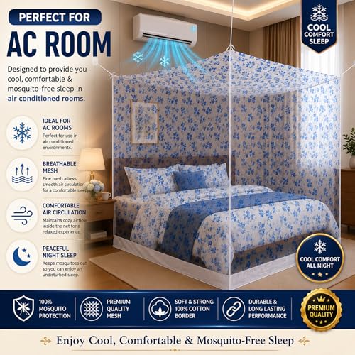 Image of Mosquito Net for King Size Bed & Double Bed, 6x7 Ft, Wall Hanging Machhardani, No Frame Required, Floral Vine Pattern, Premium Poly-Cotton Fabric, Soft Mesh Ideal for AC Rooms (Sapphire Blue Vine)