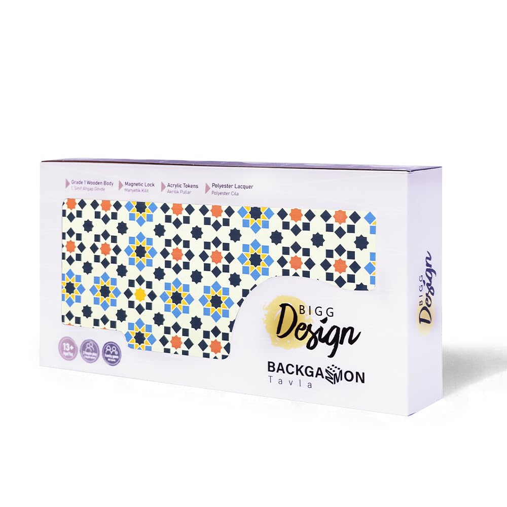 Biggdesign Star Backgammon Set aus MDF, mit Magnetverschluss & Spielsteinen | 16 mm MDF-Korpus, Magnetverschluss, doppellagiger Klarlack, Coex-Cellophan-Spielfläche, Würfel & Spielsteine, Made in Türkiye