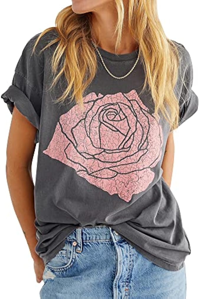 Womens Rose Graphic Tee T Shirt Loose Fit Summer Short Sleeve Boyfriend Casual Crew Neck Tops