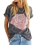 Womens Rose Graphic Tee T Shirt Loose Fit Summer Short Sleeve Casual Boyfriend Crew Neck Tops