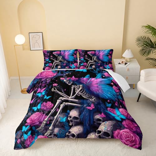 Image of QOOMO Cartoon Skull Kids Comforter Set,Blue Butterfly Bedding Set Twin Size for Boys Girls Room Decoration,Black Bed Set Microfiber Lightweight,1 Comforter 2 Pillowcases