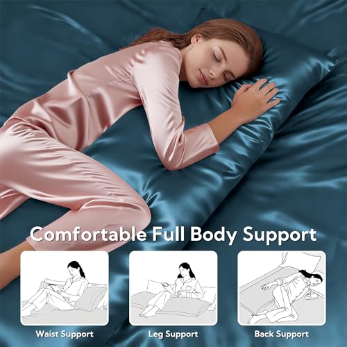 Image of MR&HM Satin Body Pillow Cover, Soft and Breathable Body Pillow Case with Envelope Closure, Cooling and Silky Long Pillowcase for Hair and Skin,Grey (20x54, Teal)