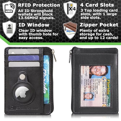 Image of ID Stronghold RFID Blocking Front Pocket Wallet - Slim Minimalist Genuine Leather Wallet with Zipper Coin Pocket (Airtag Black)