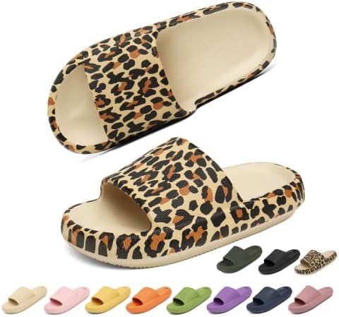 Geweo Leopard Slides for Women Men Cloud Slippers Thicken Sole Cloud Cushion Slides Super Comfy Soft Memory Foam Slides House Slides Non Slip Shower Shoes Sandals Unisex 8-9Women/7-8Men