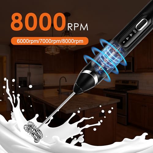 Image of Milk Frother Handheld with stand,Rechargeable Coffee Frother Wand with 3 Detachable Stainless Steel Whisk Heads, Hand Electric Mixer for Latte,Matcha,Cappuccino,Protein (Black)