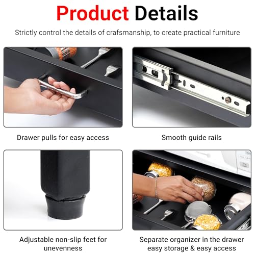Image of Livzing Metal Microwave Oven Stand with Drawer - OTG Corner Shelf Tabletop Oven Rack Storage Cabinet Multifunctional Dish Rack Toaster Organizer Powder Coated Finish Utility - Black