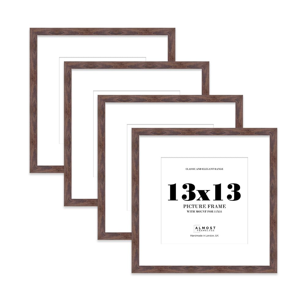 13x13 Walnut Picture Frame with Mount for 11x11 Photos, Prints - Modern Square Wall Frame, Set of 4