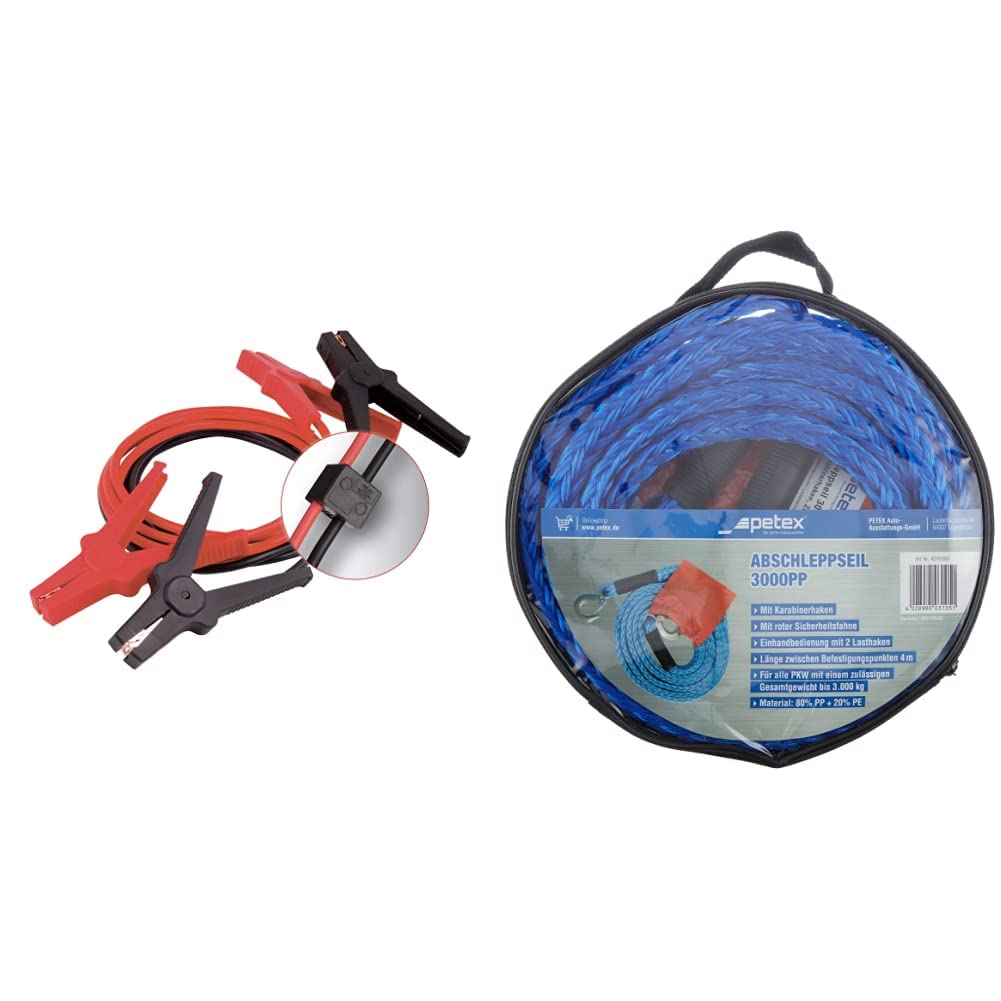 PETEX 44623598 Starthilfekabel 25 mm², mit Überspannungsschutz, Länge 3,5 m & 43191805 84624 Abschleppseil bis 3000 kg, Wohnmobile, SUV, Quad, Pkw