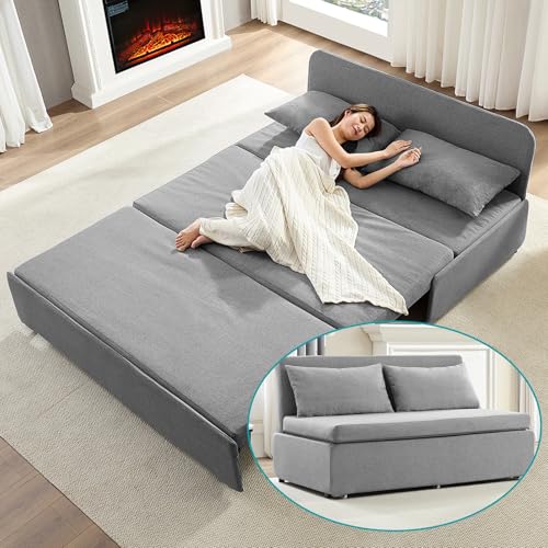 Image of BALUS 64 inch W Queen Size Pull Out Sleeper Sofa Bed Couch with Pullout Bed, 2 in 1 Convertible Linen Loveseat Sofa Sleepers with Pillows and Tri-fold Mattress for Small Space Loft Home Office, Light Grey