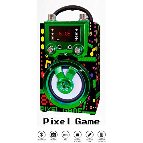 Altavoz port�til con funci�n BLUETOOTH y KARAOKE. Cuenta con pantalla LED y luces disco. Incluye micr�fono, mando a distancia y adaptador de carga USB. Disponible en 4 divertidos modelos. (PIXEL GAME)