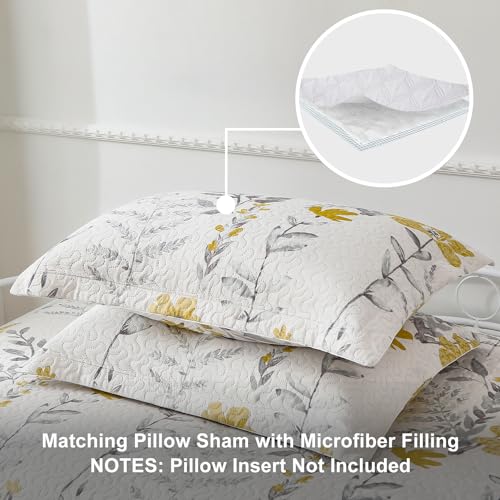 Image of Jarson 3 Pcs Floral Daybed Cover Set Twin Size Yellow Gray White Flower Sofa Cover Bedding Sets Double Side Bed Set for All Season Botanical Pattern Daybed Quilt Set with Pillow Shams