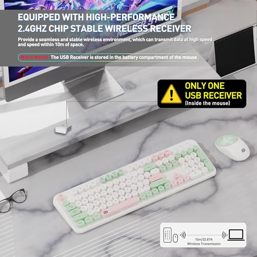 Image of Wireless Keyboards Mouse Combos, Colorful Cute Typewriter Full-Size Retro Round Creamy Keyboard, 2.4GHz Sleep Mode Office Wireless Keyboard and Mouse Set for Desktop Laptop PC Computer