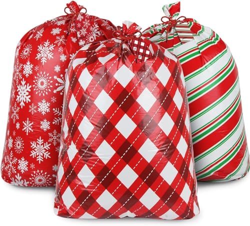 DERAYEE 3 Stück XXL große Weihnachtssäcke für Geschenke, Extra große Weihnachtsgeschenkbeutel mit Geschenkanhängern & Krawatten (92x112 cm)