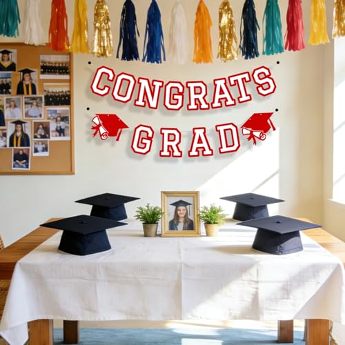 Image of Congrats Grad Banner Graduation Party Banner Decoration Hanging Garland High School College Backdrop Supplies Red White