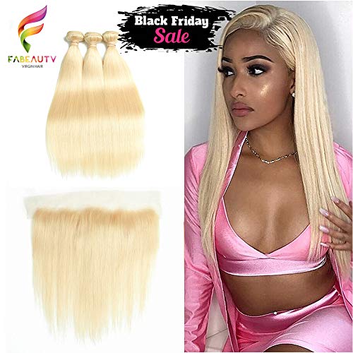 Fabeauty 613 Blonde Human Hair Bundles with Frontal Brazilian Straight with Frontal 100% Virgin Human Hair Weave with 13x4 Lace Frontal (20 22 24+18)