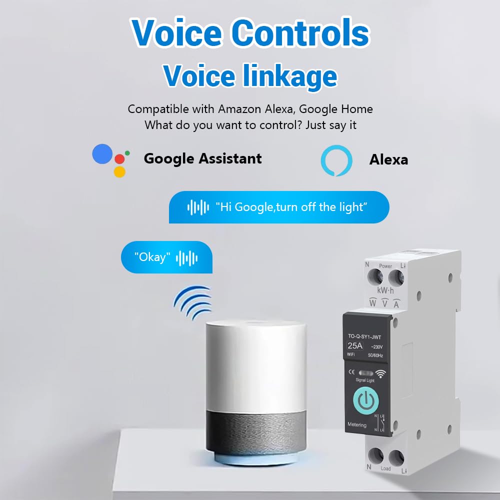 Interruptor WiFi, 1P+N 25A 230V, interruptor de control remoto inalámbrico para hogar inteligente, temporizador, control de voz monitor de energía compatible con la aplicación Smart Life TUYA riel DIN