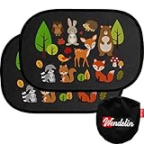 Premium Sonnenschutz von Wendelin - Universal Auto Sonnenschutz für Kinder - Autofenster Sonnenblende mit Tiermotiven - [2 Stück] Selbsthaftender Autosonnenschutz inklusive Tasche