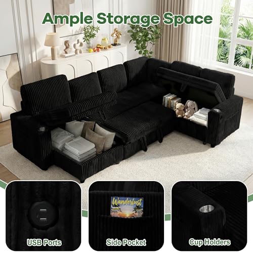 Image of Oversized Sectional Couch, Sectional Sleeper Sofa with Pull Out Bed, L Shaped Corduroy Couch for Living Room, Convertible Sofa Bed for Living Room, Bedroom and Apartment, Black