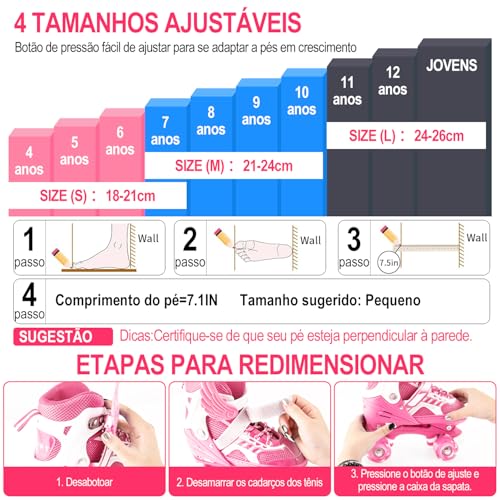 Patins Infantil 2 Em 1 Ajustável Patins 4 Rodas, Patins Quad, Patins Infantil Menina, Ajustável com