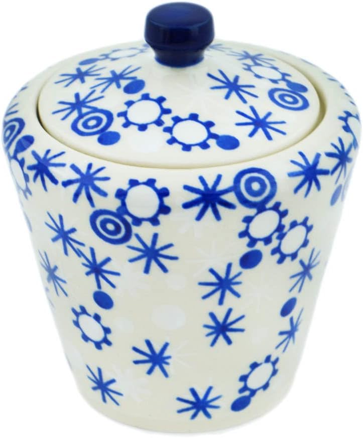 Polmedia Polish Pottery Sugar Bowl 9 oz - Twinkle In The Frost Pattern Handmade in Boleslawiec Poland by Ceramika Artystyczna + Certificate of Authenticity
