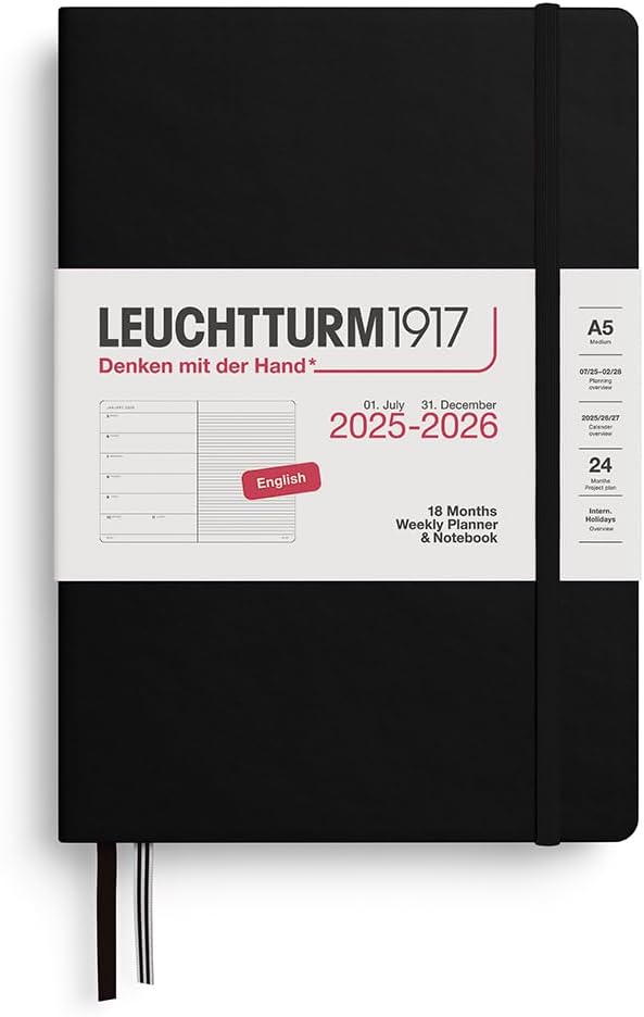 Leuchtturm1917 Orta Boy (A5) 18 Aylık Ajanda ve Not Defteri (Çizgili) 2026 Sert Kapak, İngilizce, Siyah