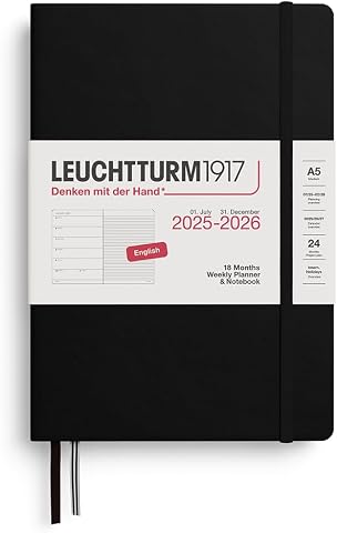 Leuchtturm1917 Orta Boy (A5) 18 Aylık Ajanda ve Not Defteri (Çizgili) 2026 Sert Kapak, İngilizce, Siyah