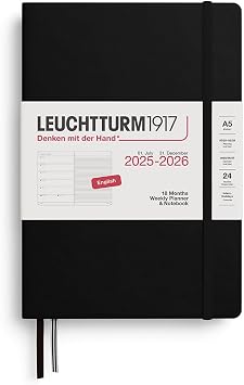 Leuchtturm1917 Orta Boy A5 18 Ayl k Ajanda ve Not Defteri  izgili 2026 Sert Kapak,  ngilizce, Siyah