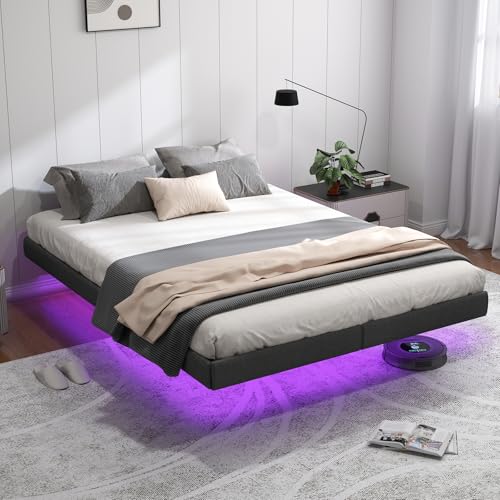Floating Bed Frame Full with LED Lights, Metal Platform Full size Floating Bed Frame with Under Bed Storage, Heavy Duty Steel Slats Support, No Box Sp