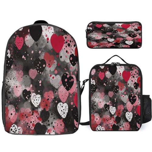 Black Polka Dot Heart 3pcs Lightweight Travel Backpack Printed Backpack With Lunch Pack Storage Box Case