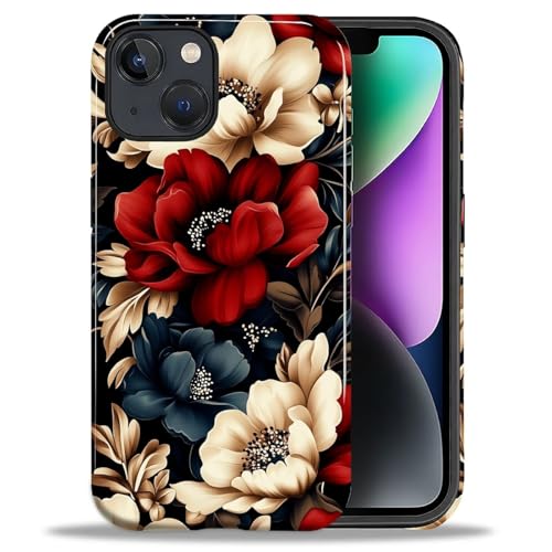 ZHEGAILIAN Case for iPhone 14 Plus,Shockproof Hard Shell + Soft Silicone 2 in 1 Hybrid,Shockproof Bumper Drop Protective - Black Red Flowers