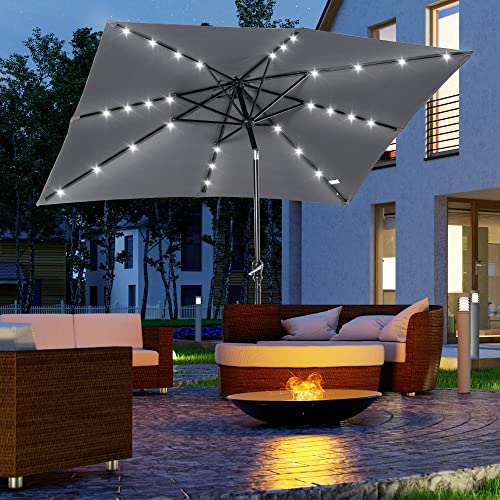 Outsunny 9' X 7' Patio Umbrella Outdoor Table Market Umbrella With Crank, Solar Led Lights, 45° Tilt, Push-Button Operation, For Deck, Backyard, Pool And Lawn, Dark Grey #TOP1
