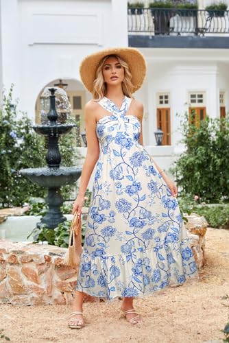 Image of GRACE KARIN Womens Summer Floral Dresses 2026 Boho Maxi Dress Flowy Halter Sundress Casual Vacation Beach Clothes with Pocket