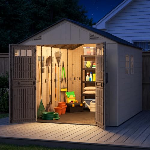 Image of LazySunsets 8x12 Ft Outdoor Storage Shed with Light, Large Resin Outdoor Shed with Floor Included, 4 Windows & Lockable Door, Garden Plastic Storage Sheds for Bike, Lawn Tools, Garbage Can