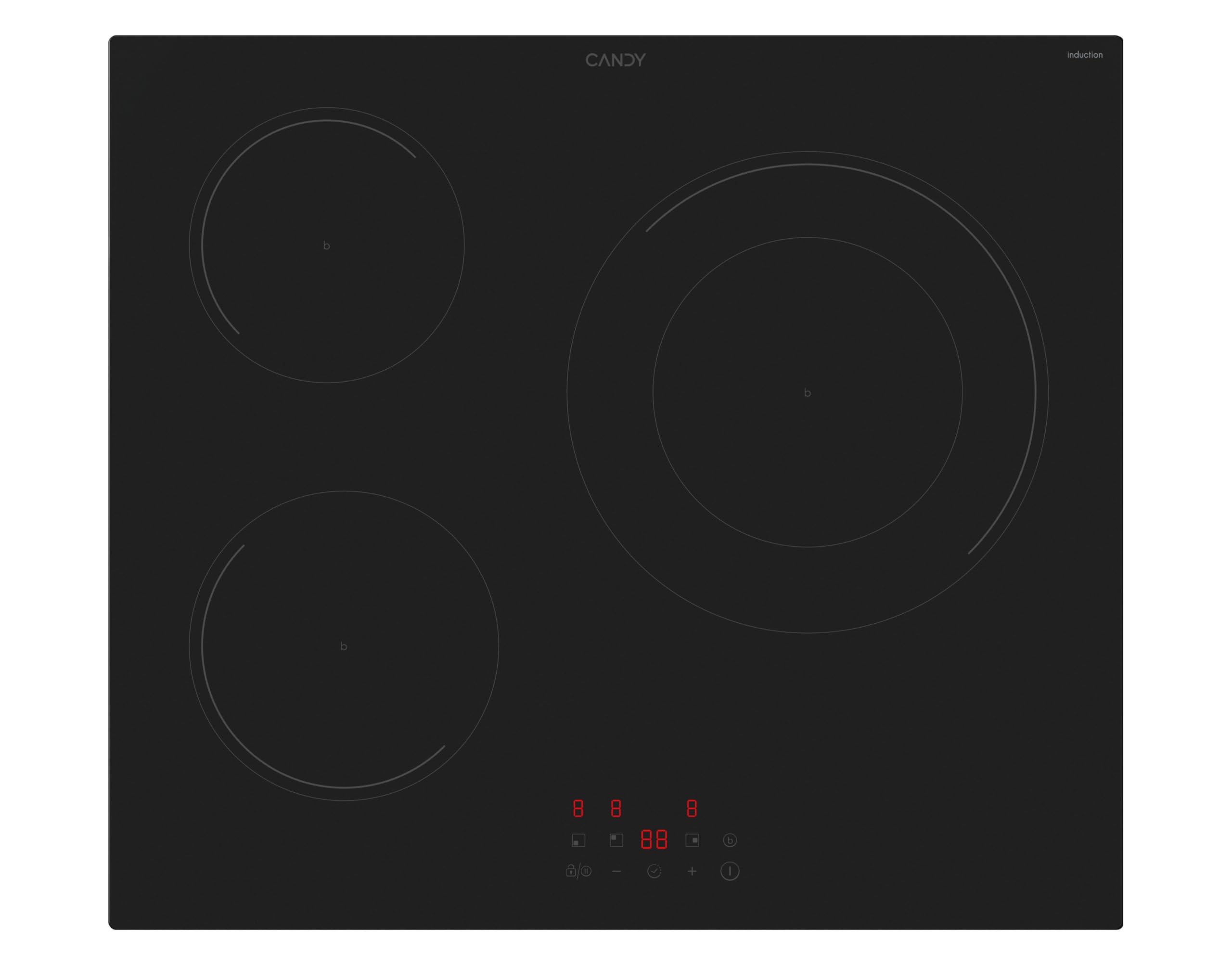 Candy CI633CBB1 Induction Hob, 3 Zones, Paella Pan 28 cm, 60 cm, 9 Power Levels, 7.2 KW, Central Controls, Heat Indicator, Child Lock, Overheating and Spill Alert, Black