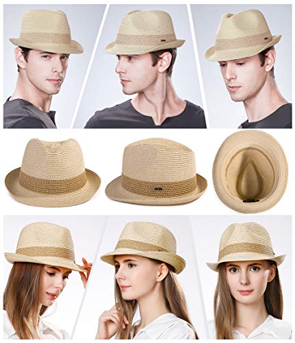 Image of Fancet Packable Straw Fedora Panama Sun Summer Beach Hat Cuban Trilby Men Women 56-67cm