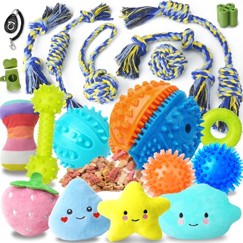 23 Pack Dog Toys for Small Dogs, Various Puppy Toys for Teething and Training, Include Colorful Ropes, Plush Squeaky Toys, Long-Lasting Chew Toys and Clicker 23 Pack Dog Toys for Small Dogs, Various Puppy Toys for Teething and Training, Include Colorful Ropes, Plush Squeaky Toys, Long-Lasting Chew Toys and Clicker