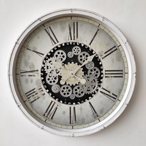 HomeTronix Extra-Large 76cm Wall Clock: Vintage White Gears - Antique White Finish, Classic Roman Numerals - Built to Last, Adds Sophistication to Any Space – Bedroom, Living Room, Kitchen or Lounge