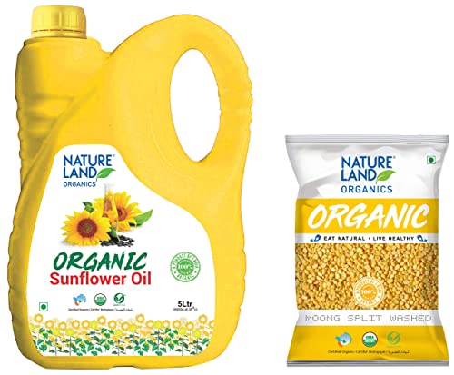 Image of Natureland Organics Sunflower Oil Jar, 5 L & Moong Dal Yellow /Split Washed Pouch, 1 kg