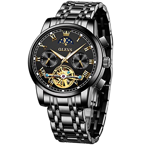 Image of OLEVS Skeleton Watch for Men Stainless Steel Chronograph Watch for Men Classic Waterproof Mens Watches with Date Luxury Business Men's Analog Wrist Watches, relojes para Hombres Blue /Black /Gold /White